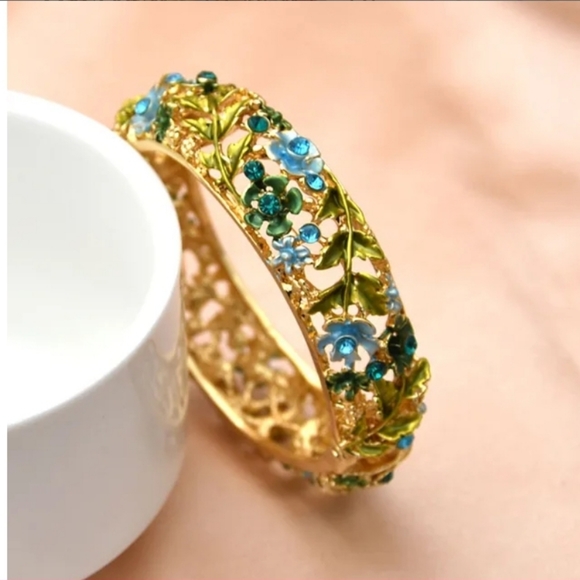 Gold-plated blue green crystal flower bangle bracelet BOGO - Picture 4 of 12